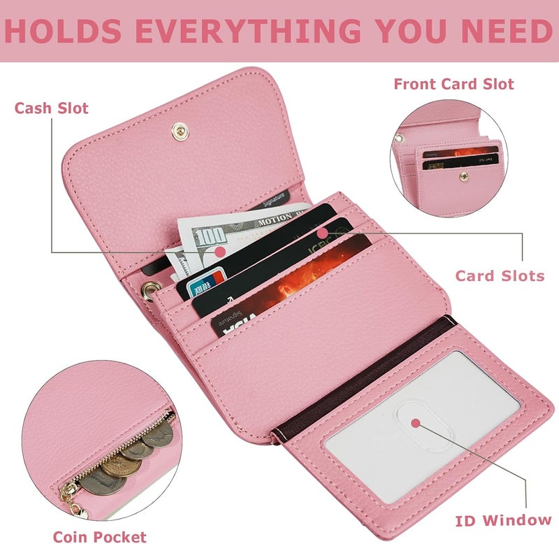 Sunpour Women Small Wallet RFID Blocking Slim Wallet with Coin Pocket Tri-Fold Credit Card Holder with ID Window and Keychain(Pink) - Image 4